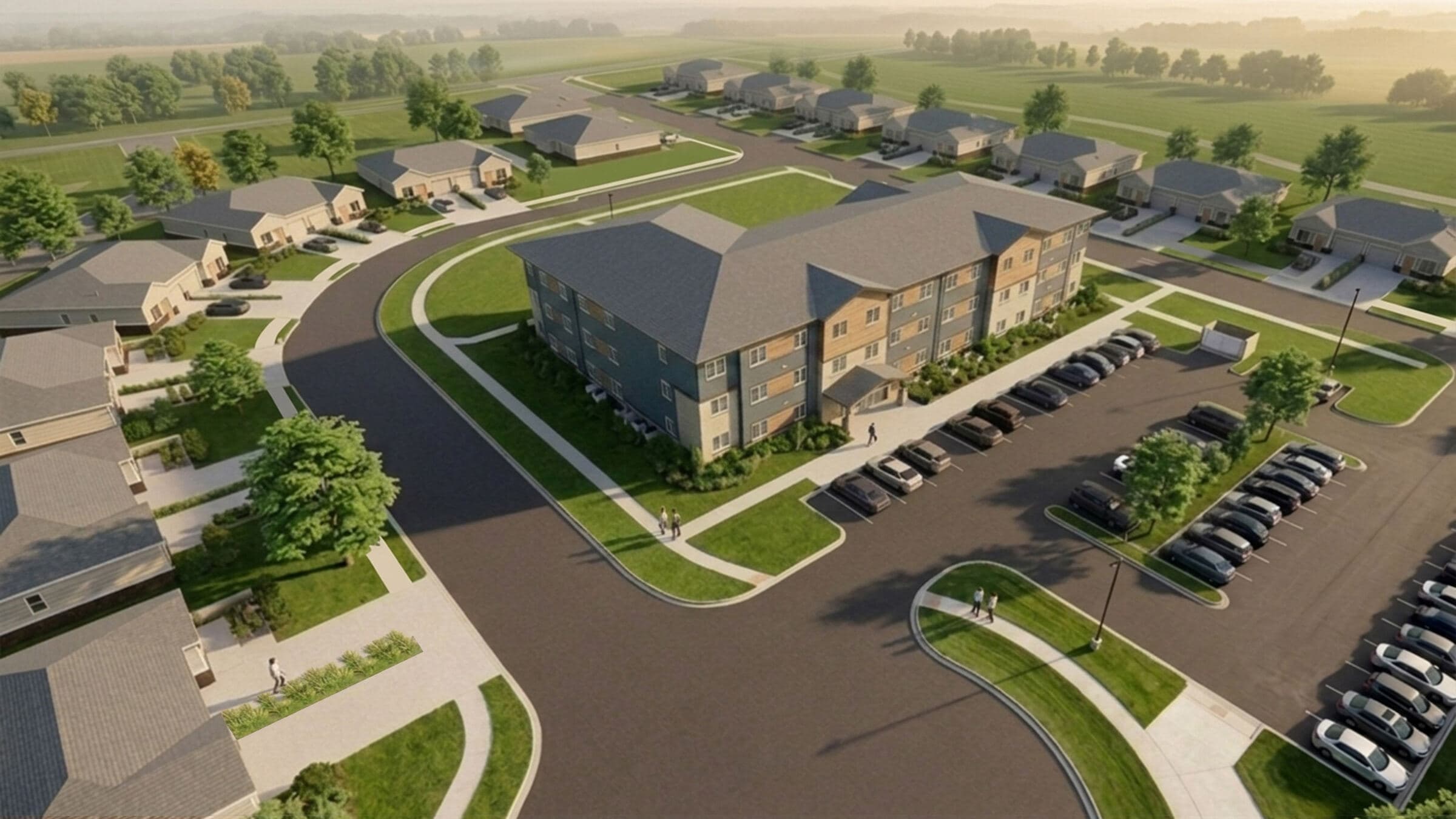 Aerial rendering of the Beatrice Commons neighborhood
