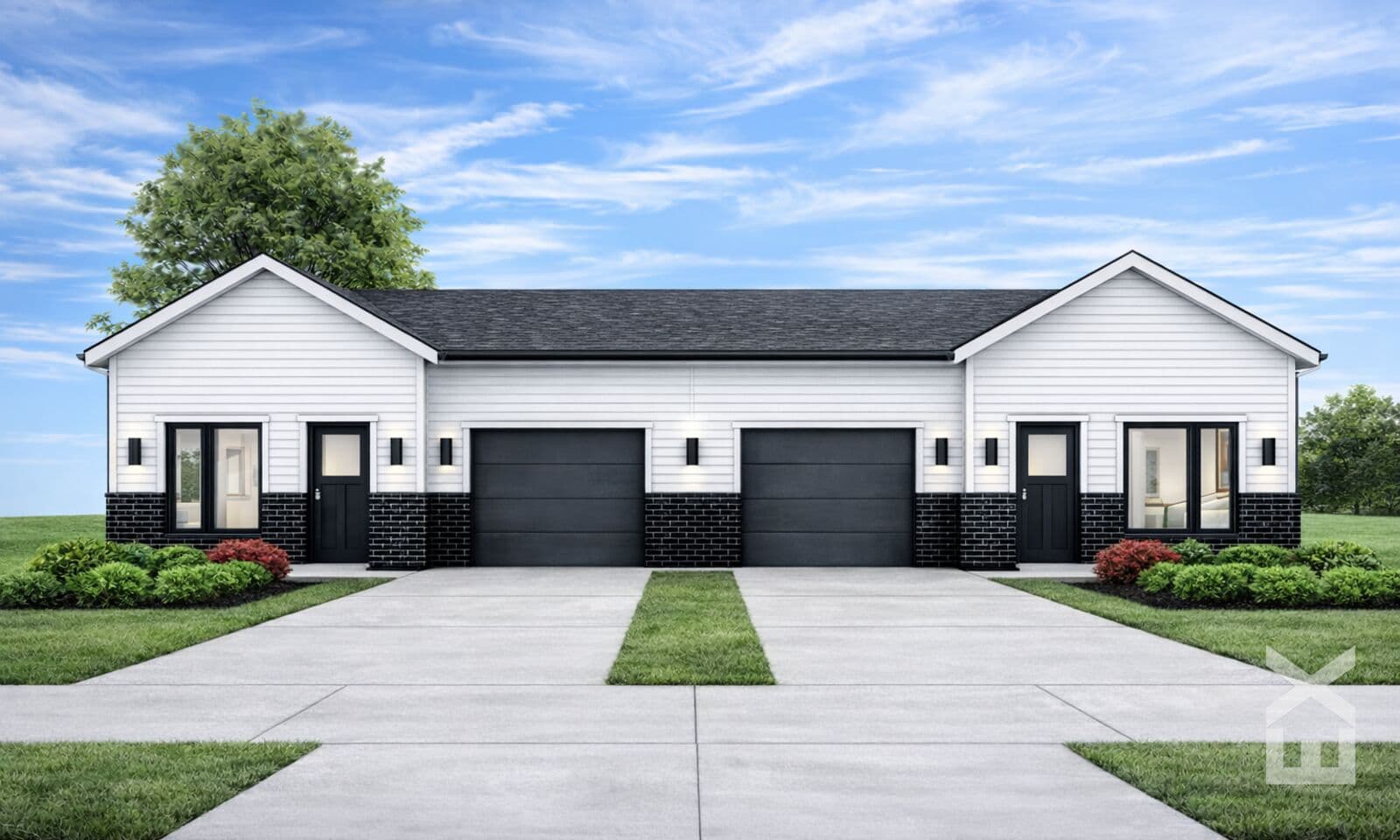 White duplex exterior with black brick accents at Beatrice Commons