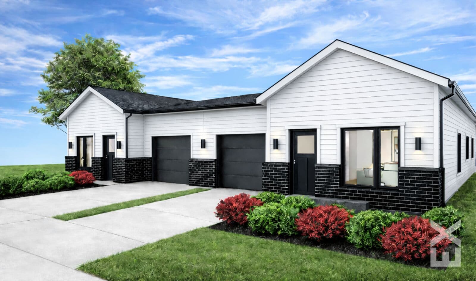 White farmhouse-style duplex home at Beatrice Commons