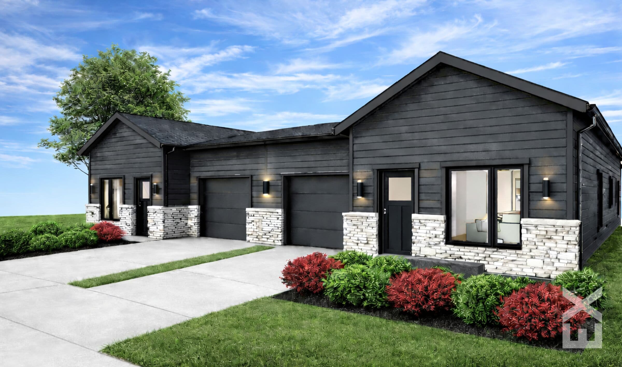 New duplex home at Beatrice Commons with black siding and stone accents