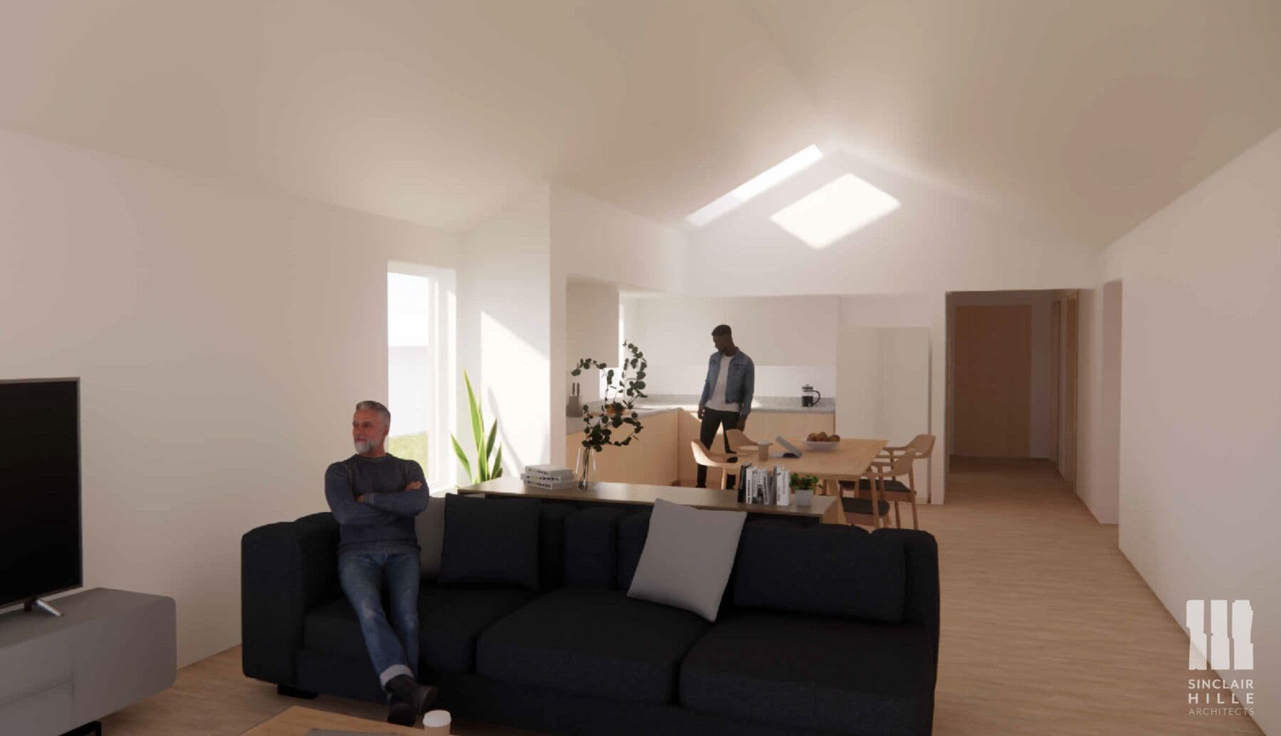 Vaulted living room with skylights at Beatrice Commons