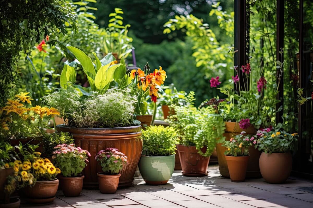 Patio garden with potted flowers
